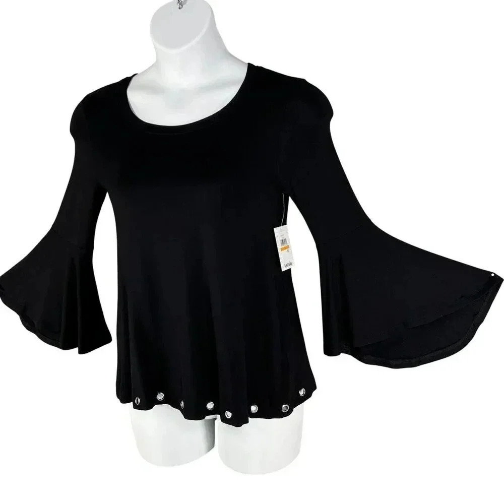 Kensie NWT Stitch Fix Exclusive Womens S Black Bell Sleeve Top Grommet Hem Fairy